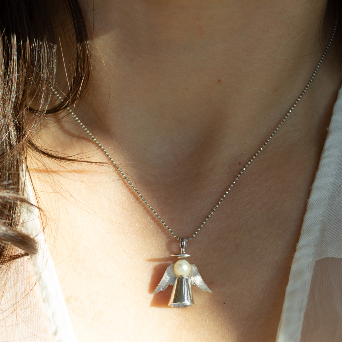 Handmade Silver Angel Necklace with Pearl Head