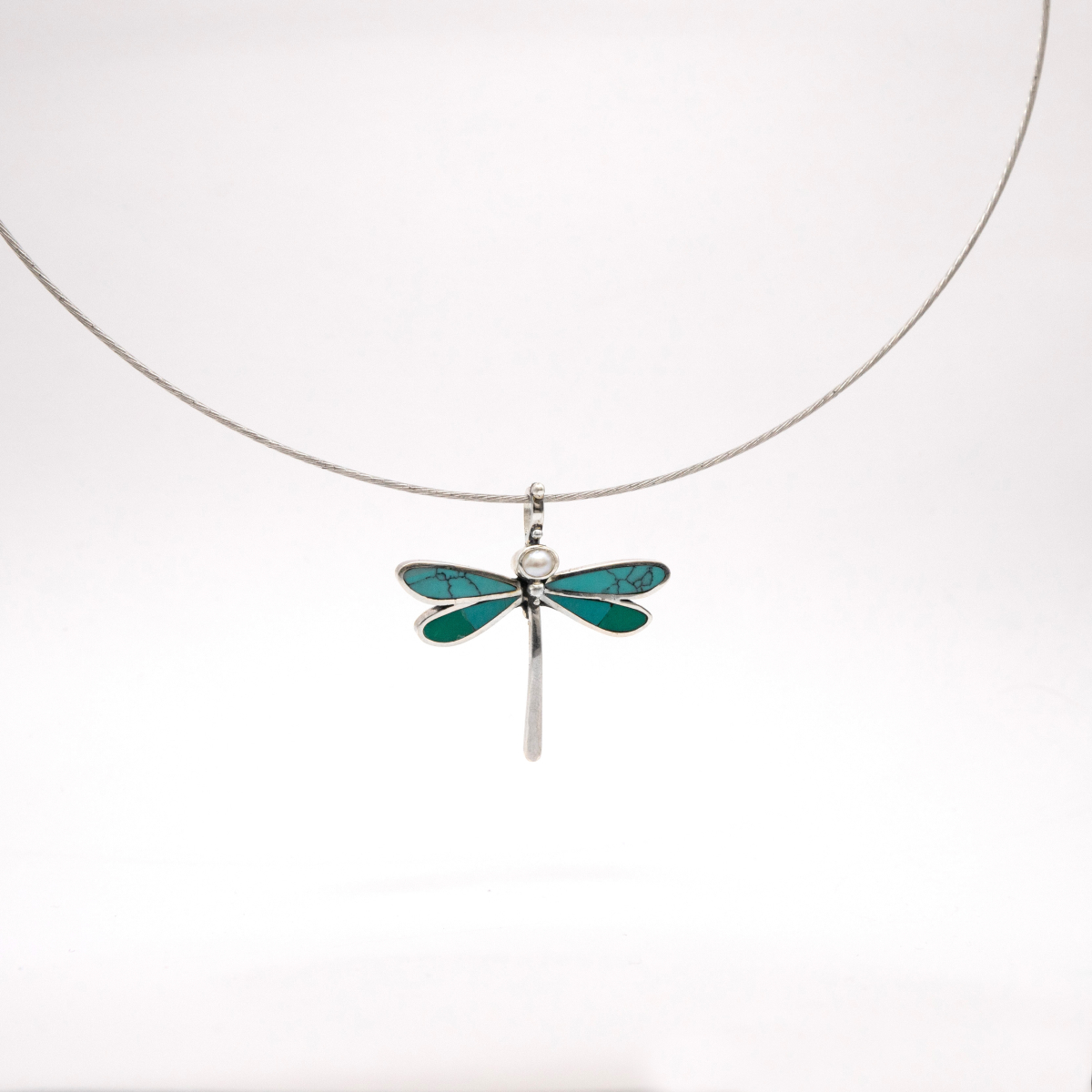 Turquoise Harmony – Large Dragonfly Necklace with Turquoise and Malachite