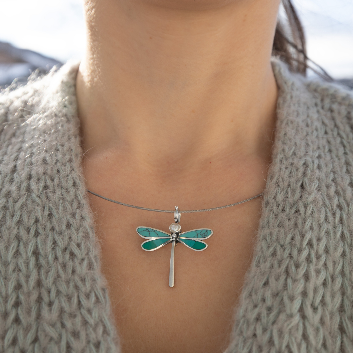 Turquoise Harmony – Large Dragonfly Necklace with Turquoise and Malachite